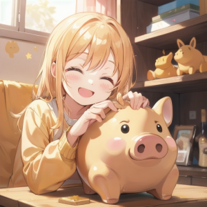 金色の豚の貯金箱に寄り添う笑顔の少女