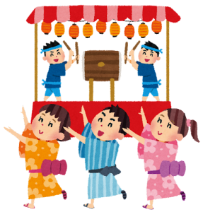 盆踊りで太鼓を叩き踊る男女のイラスト