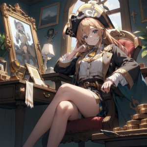 椅子に座って戦利品を眺める女海賊