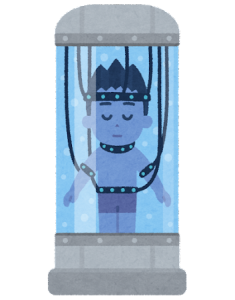 水色の液で満たされた培養槽に入った男性のイラスト