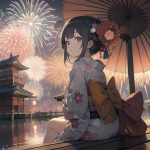 花火大会で花火を見ながら川辺に座っている浴衣を着た少女