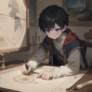 宝の地図を読み解こうとしている少年
