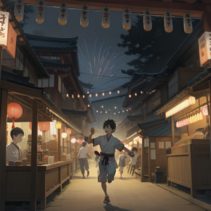 夜の夏祭りで屋台が並び少年が駆けている