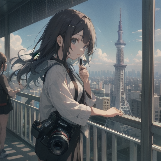 スカイツリーから東京タワーの写真を撮ろうとしているカメラを持った女性