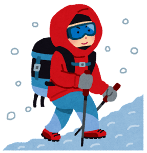 赤い服を着て雪山登山する男性のイラスト