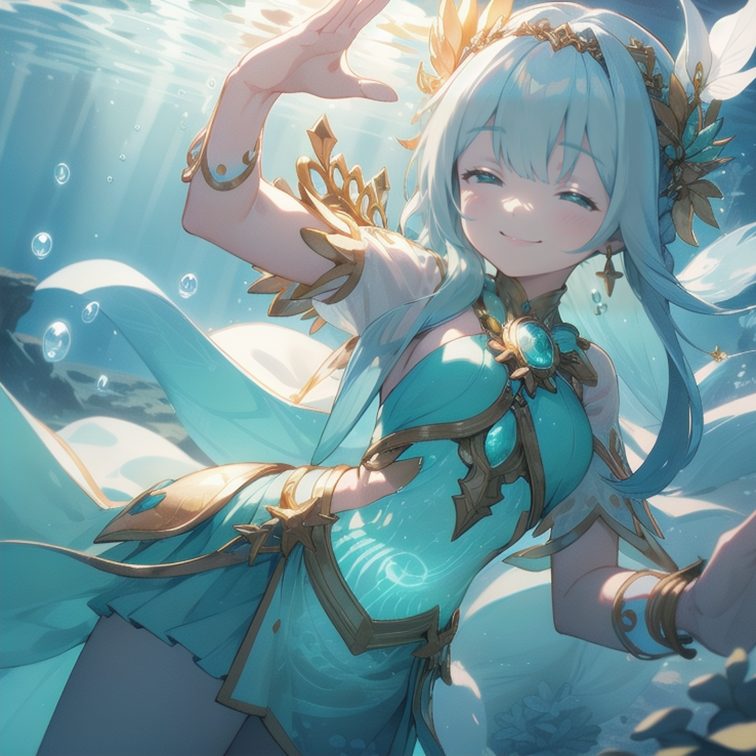 海の中で海の神が笑顔でこちらに向かって微笑みかけている